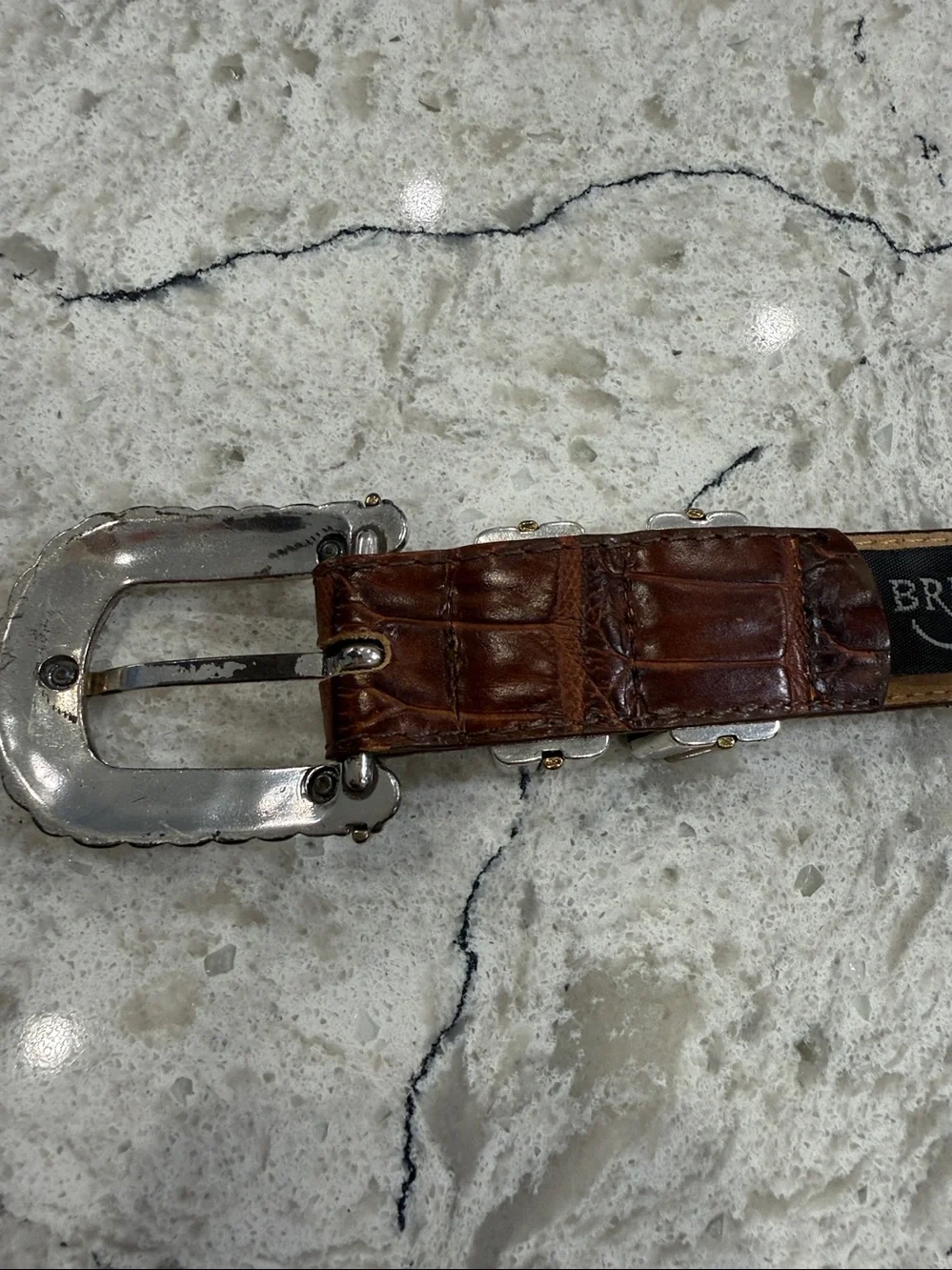 Brighton Vintage Brown Croc Embossed Leather Belt Silver Gold Western Buckle